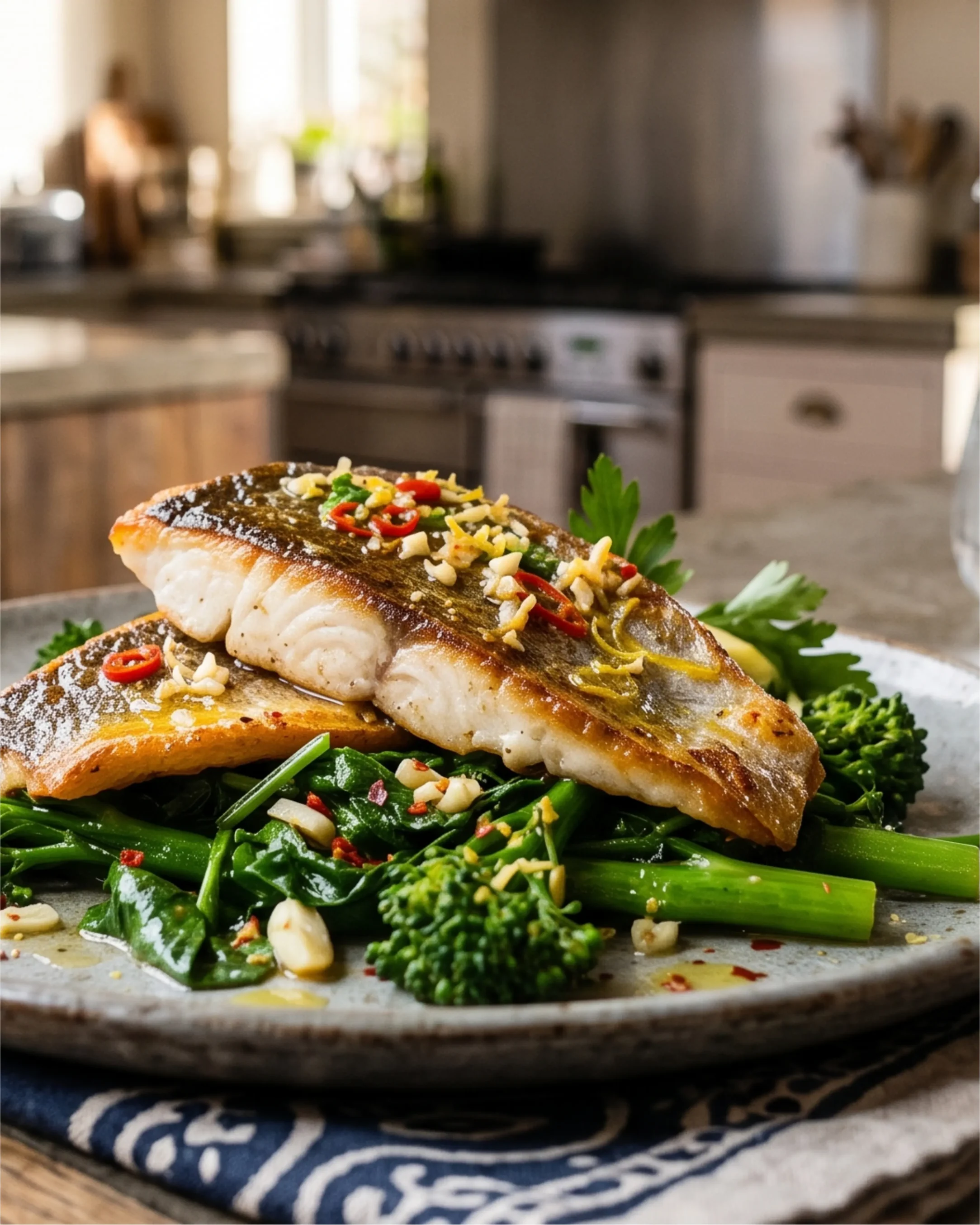 PAN FRIED SEABASS WITH GARLIC GREENS Scaled